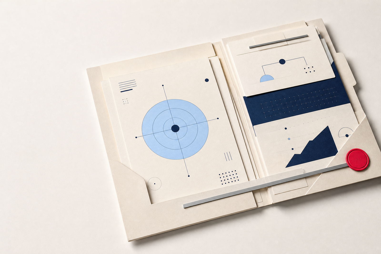 Abstract strategic dossier with positioning and narrative materials