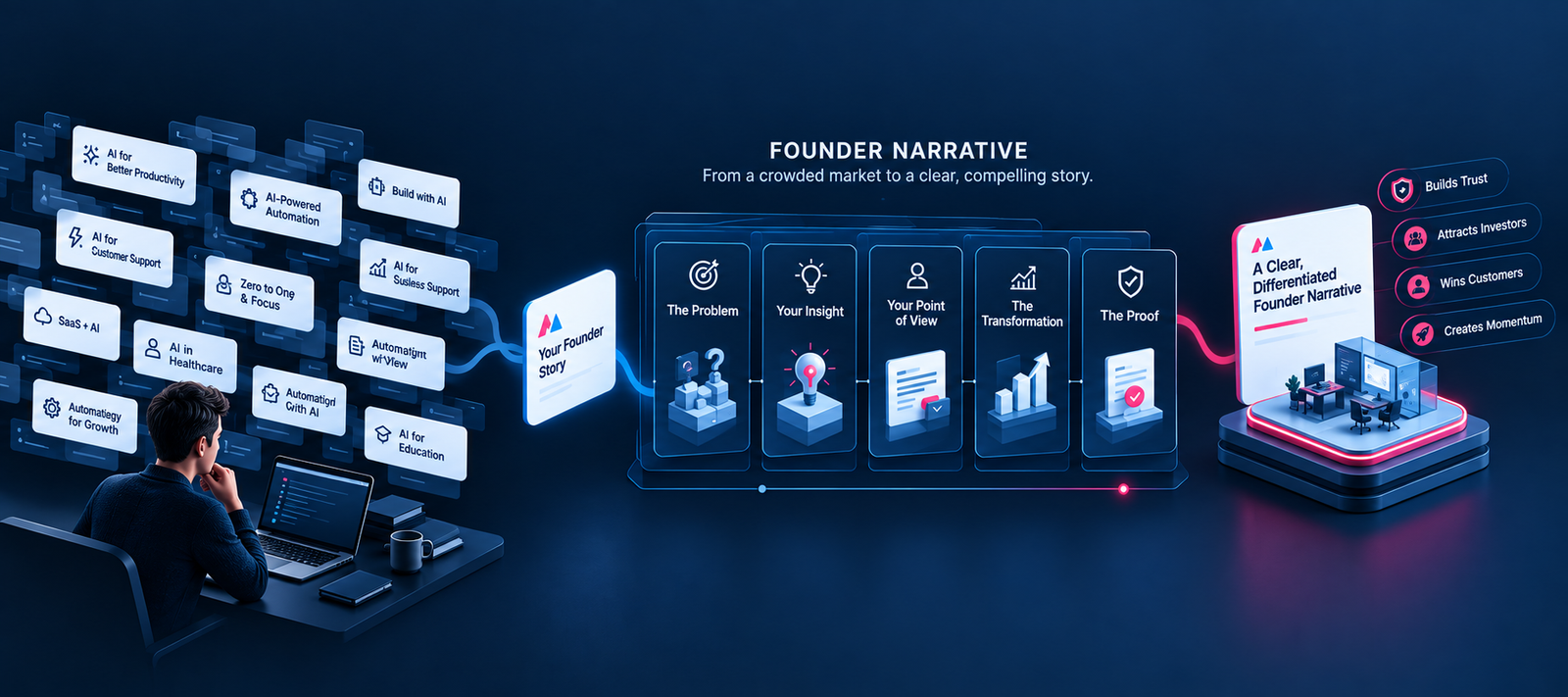 Abstract founder narrative board with connected story layers and a highlighted point of view
