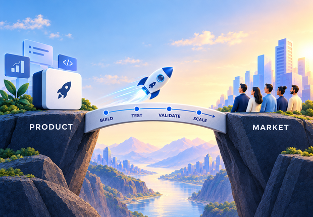 Illustration showing customer pain signals becoming aligned demand and repeat usage around a product-market fit core