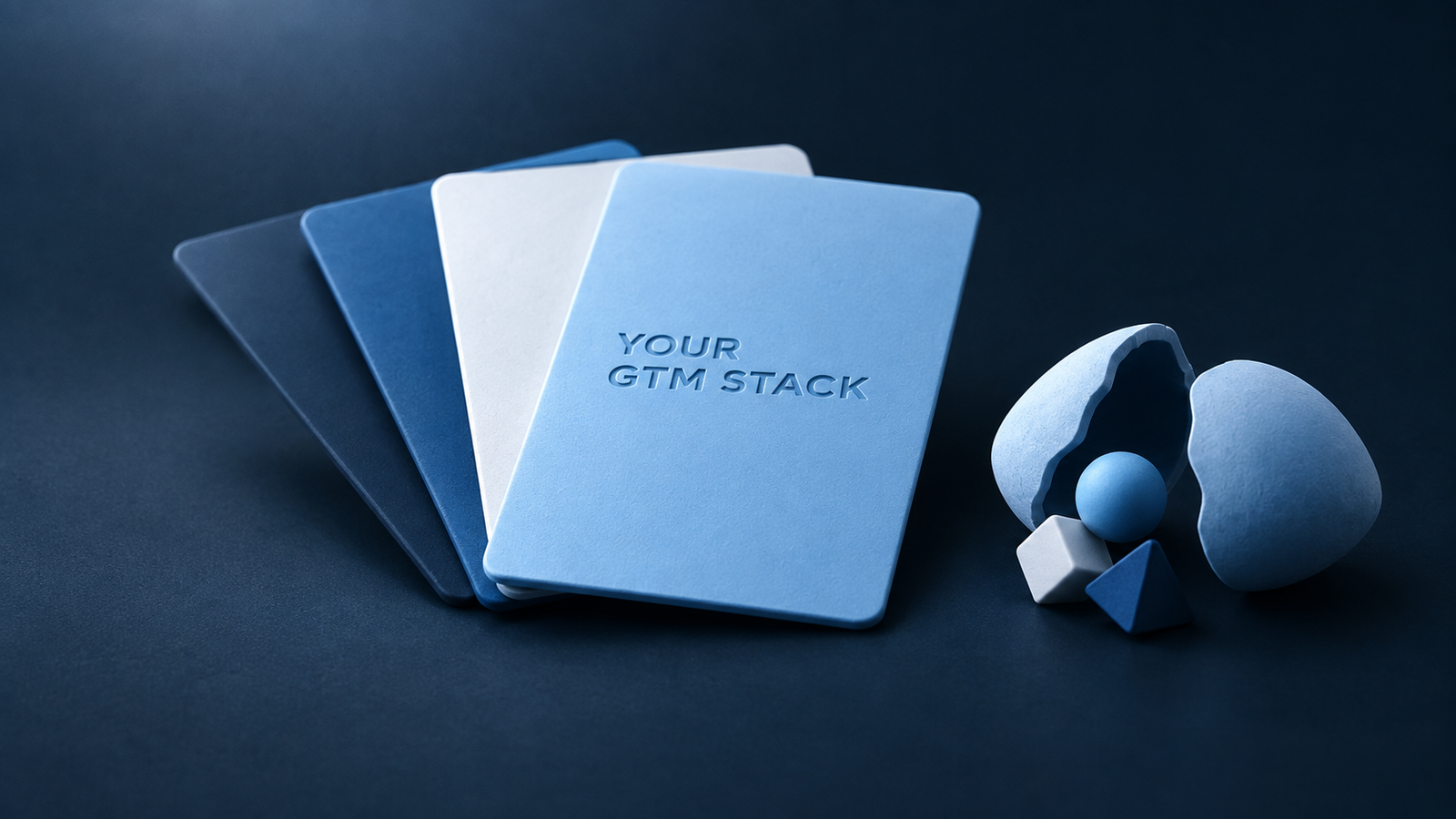 Stack of cards labeled Your GTM Stack next to a cracked egg revealing shapes