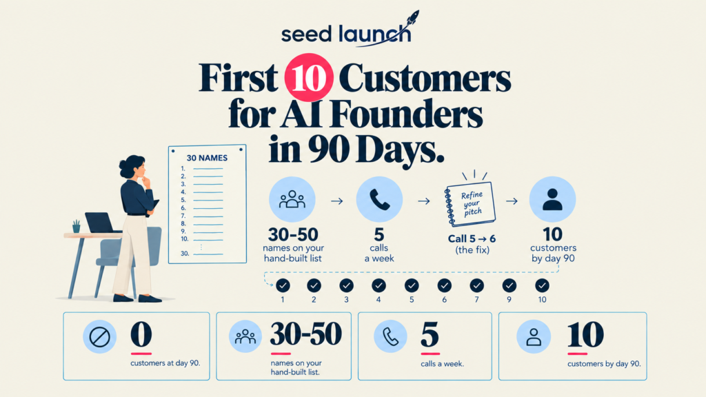 Infographic showing how an AI founder turns a list of 30 names into their first 10 customers in 90 days
